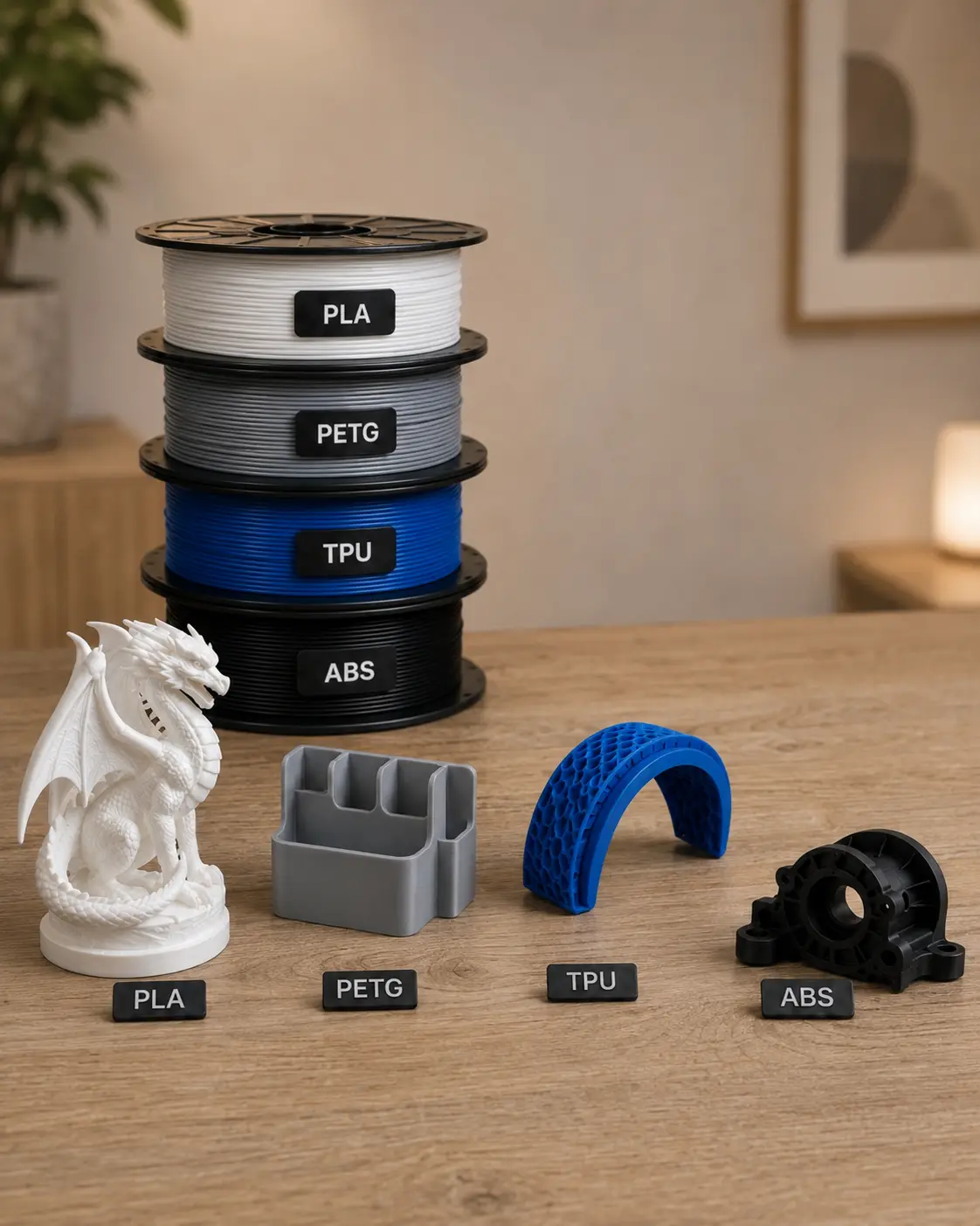 Filamentos e peças impressas em PLA, PETG, TPU e ABS